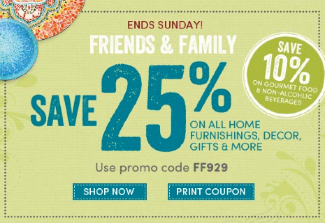 World Market Coupon - Friends and Family, save 25% off total purchase