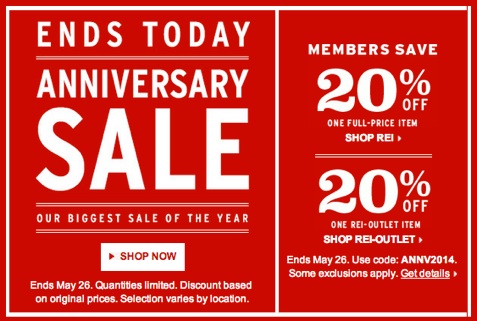 LAST DAY!* REI Anniversary Sale â€“ 20% off any item (REI Members)