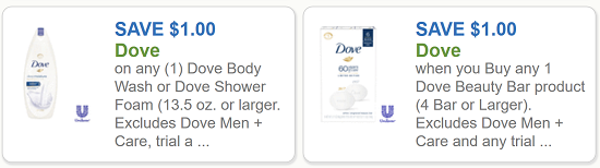 Dove Coupons $1 off one Dove Body Wash and $1 off one Dove Beauty Bar
