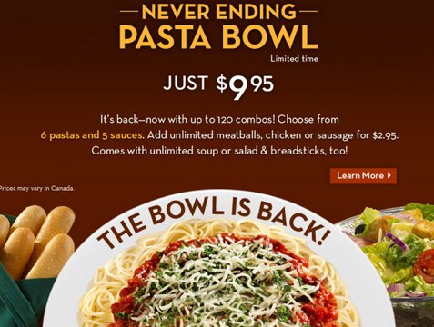Olive Garden Never Ending Pasta Bowl Is Back
