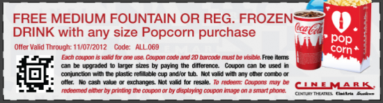 Weekly concession coupons for Regal and Cinemark