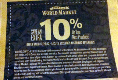 World Market – Save 10% off your next purchase coupon (12/29 – 1/13)