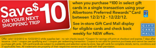 Albertsons - Spend $100 on Gift Cards, get $10 off your next purchase