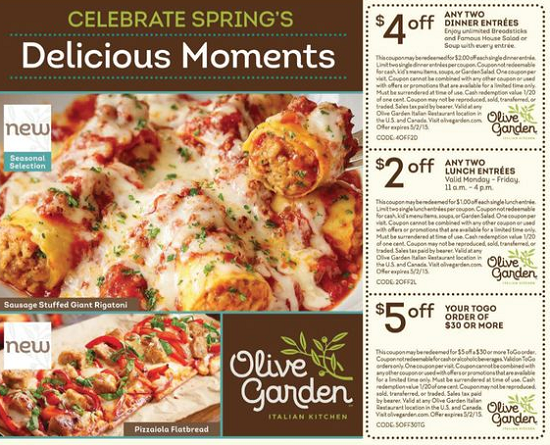 Olive Garden Coupons 4 2 Dinner Entrees 2 2 Lunch Entrees And