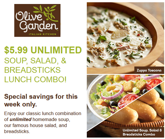 Olive Garden Coupon 5 99 Soup Salad And Breadsticks Lunch Combo