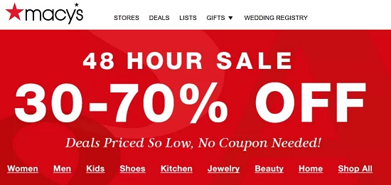 Macy&#39;s - Save $20 off purchases of $48 or more, Today only